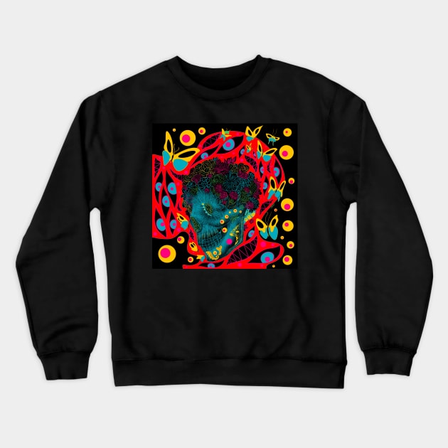 skeleton lady in buttefly horror of death ecopop pattern art Crewneck Sweatshirt by jorge_lebeau